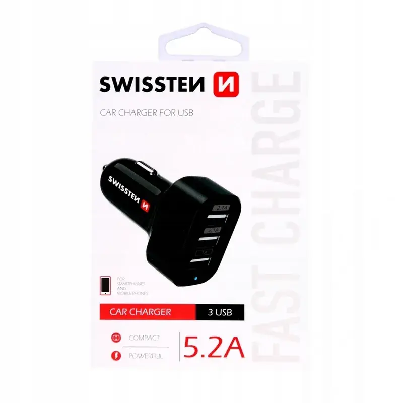 Zamów teraz ŁADOWARKA SAMOCHODOWA 2x USB 2,1A +USB 1A SWISSTEN