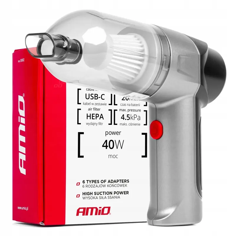 Zamów teraz Odkurzacz samochodowy bezprzewodowy akumulatorowy HEPA 40W 4000mAh AMIO-036