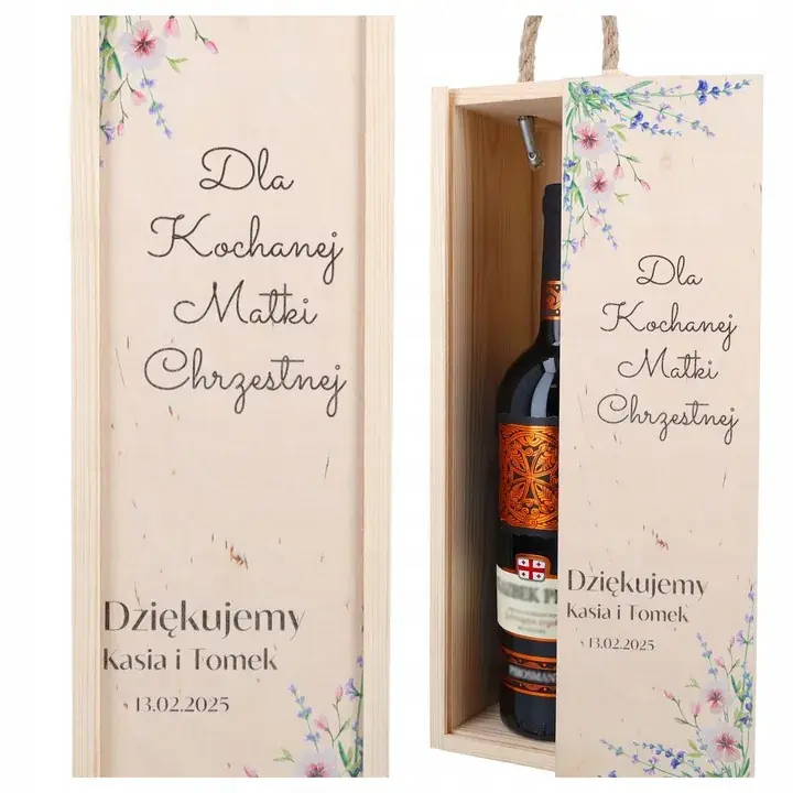 Wysoka jakość PODZIĘKOWANIE dla CHRZESTNYCH pudełko na WINO prezent PERSONALIZACJA ślub