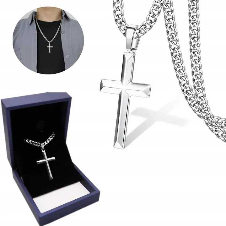 Zwrot pieniędzy Srebrny ŁAŃCUSZEK Z KRZYŻYKIEM Krzyż Łańcuch Naszyjnik WŁOSKI + GRATIS