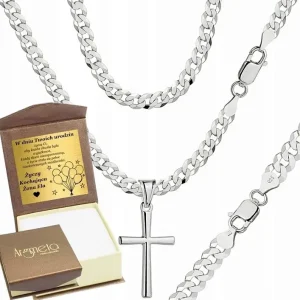 Wysoka jakość SREBRNY ŁAŃCUSZEK MĘSKI NASZYJNIK PANCERKA SREBRO 925 Z KRZYŻYKIEM GRAWER