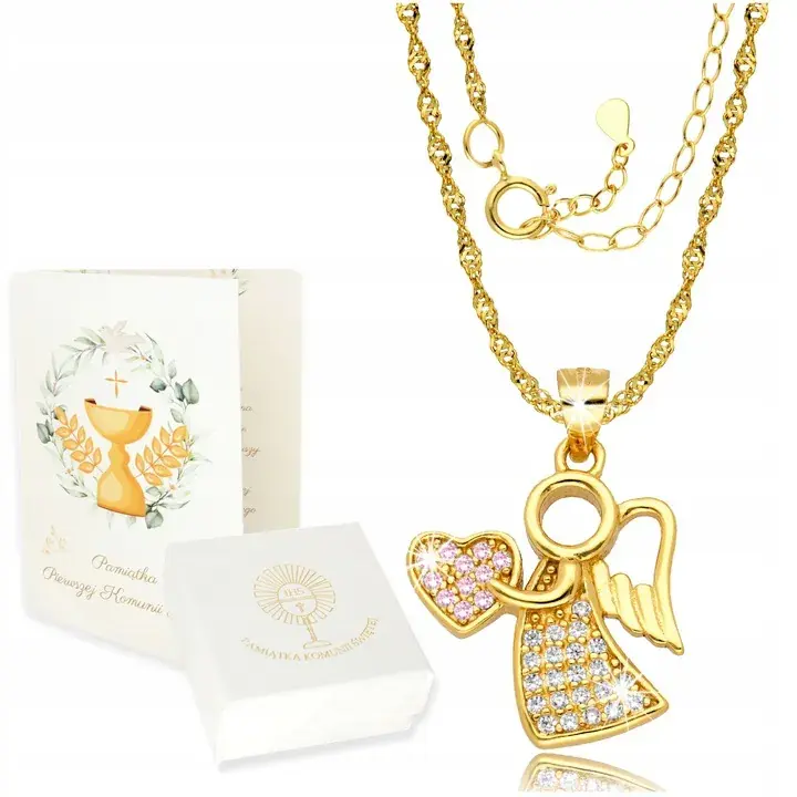 Złoty Łańcuszek z Medalikiem 925/585 Aniołek z Różowym Sercem na Komunię Wyprzedaż