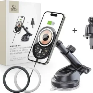Ładowarka Tech-Protect TECH-PROTECT MM15W-V6 MAGNETIC MAGSAFE DASHBOARD & VENT CAR MOUNT WIRELESS CHARGER 15W BLACK Promocja