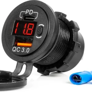 Darmowa dostawa Ładowarka AMiO Ładowarka samochodowa z gniazdami usb i testerem napięcia wodoodporna z włącznikiem usb + usb c qc3.0 12/24v amio-04222