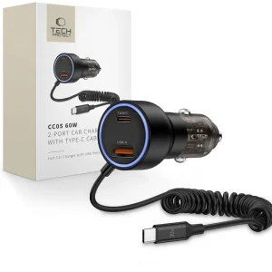 Popularny TECH-PROTECT CC05 2-PORT CAR CHARGER PD60W + CABLE BLACK