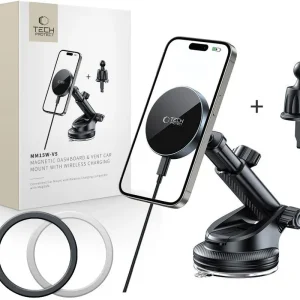 Ekspresowa dostawa Uchwyt samochodowy na kokpit / szybę / do kratki z ładowarką 15W + 2x blaszki magnetyczne Tech-Protect MM15W-V5 Magnetic MagSafe Dashboard & Vent Car Mount Wireless Charger 15W Black