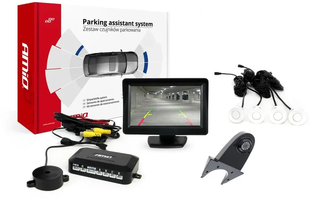 Zestaw czujników parkowania tft01 4,3" z kamerą hd-502-ir 4 sensory białe Tani